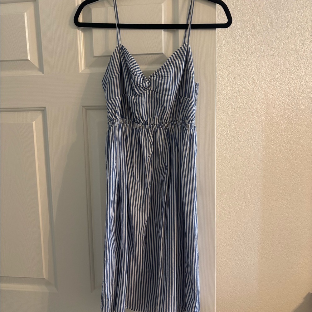 J Crew Blue and White Striped Spaghetti Strap Midi Dress